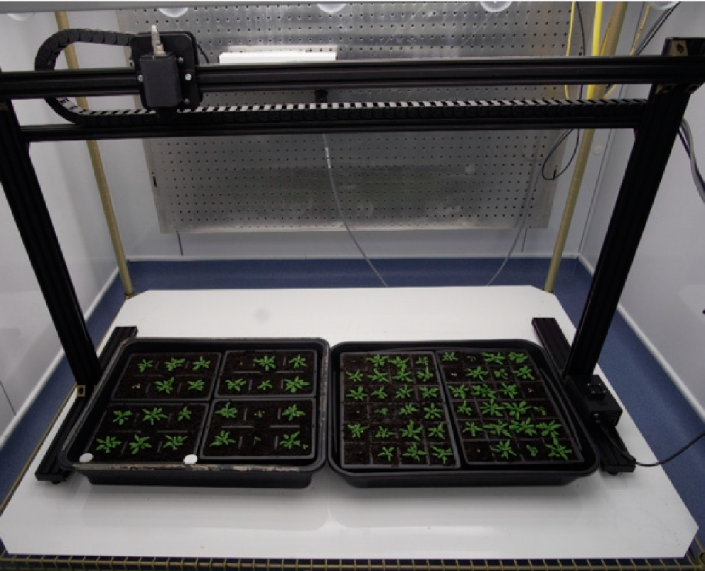 The Thermal Imager is a simple linear robot designed to position a thermal camera (FLIR A35 (60 Hz)) over the canopies of plants grown in trays or pots on a standard controlled environment room shelf Stuart Bagley